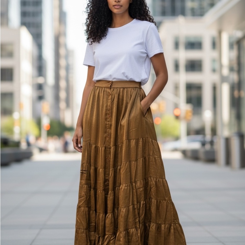 Joyfolie Metallic Gold Tiered Maxi Skirt